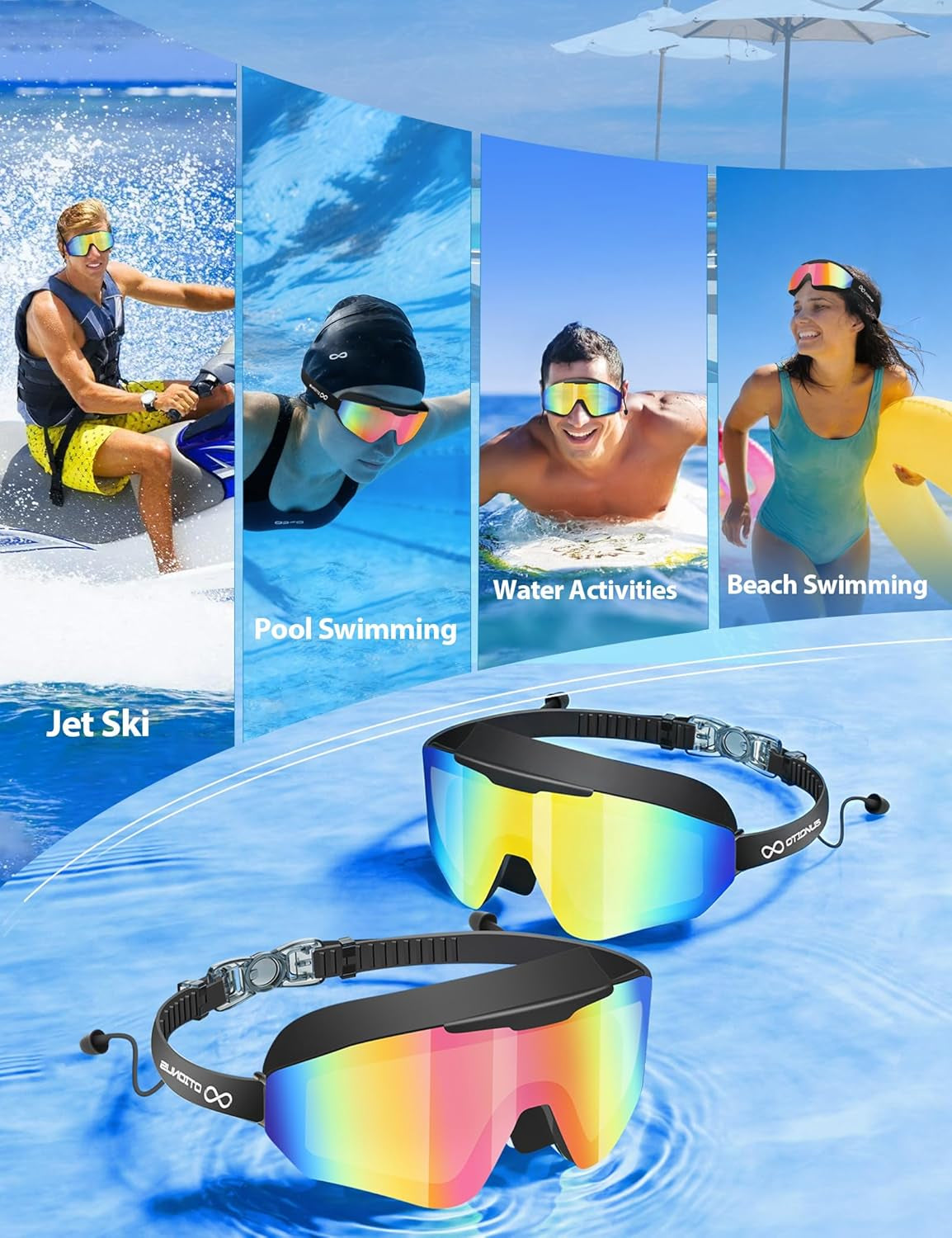 2 Pack Swim Goggles Adult, Frameless Wide View Anti-Fog UV No Leak Swimming Goggles with Attached Earplugs Men Women