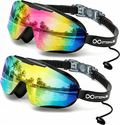 2 Pack Swim Goggles Adult, Frameless Wide View Anti-Fog UV No Leak Swimming Goggles with Attached Earplugs Men Women