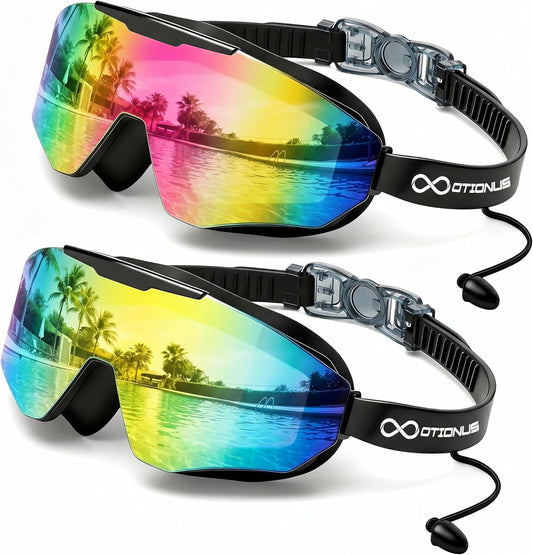 2 Pack Swim Goggles Adult, Frameless Wide View Anti-Fog UV No Leak Swimming Goggles with Attached Earplugs Men Women