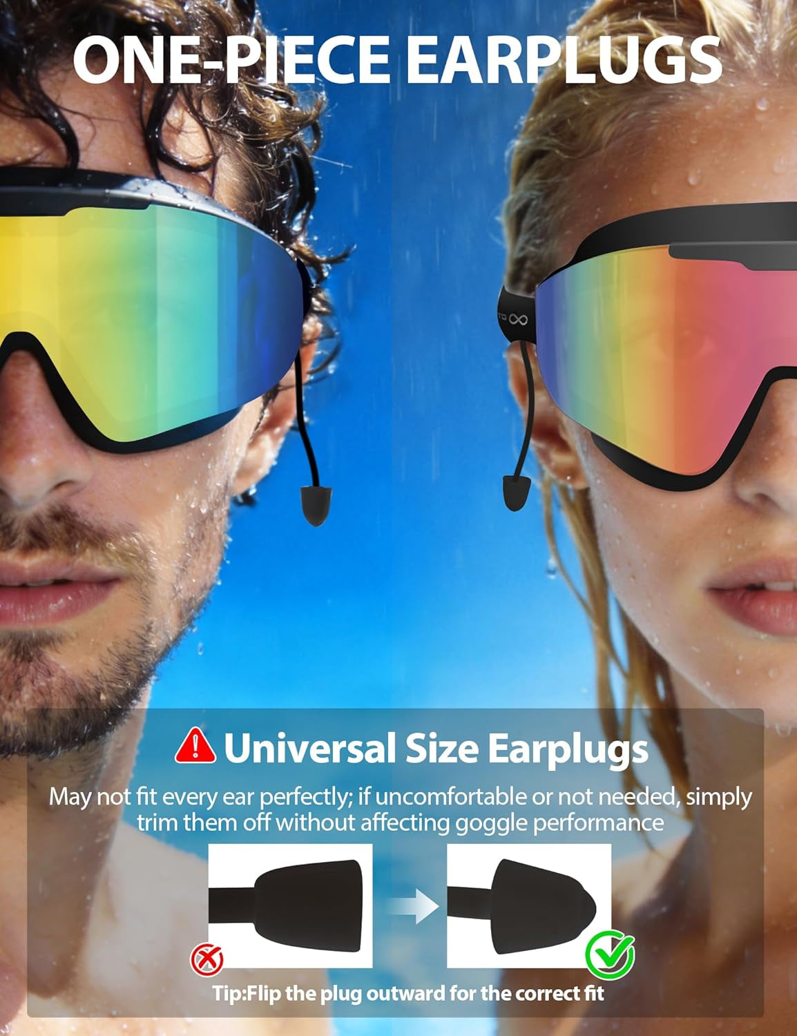 2 Pack Swim Goggles Adult, Frameless Wide View Anti-Fog UV No Leak Swimming Goggles with Attached Earplugs Men Women