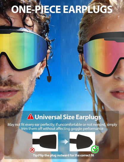 2 Pack Swim Goggles Adult, Frameless Wide View Anti-Fog UV No Leak Swimming Goggles with Attached Earplugs Men Women